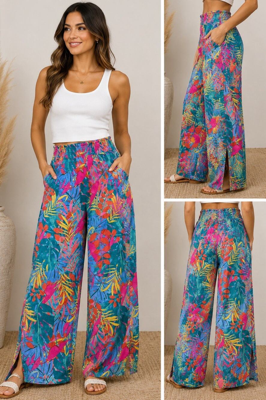 Kona Sol Women’s Medium 8/10 Tropical Wide Leg Palazzo Pants Side Slit NWT